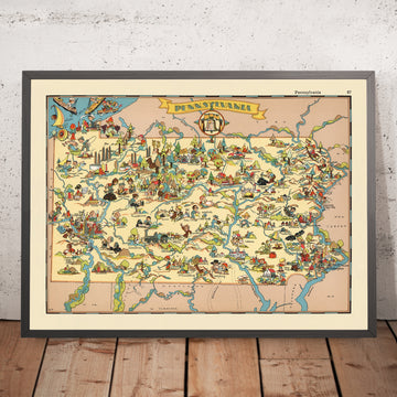 Bildkarte von Pennsylvania von Ruth Taylor White, 1935: Philadelphia, Pittsburgh, Gettysburg, Amish, Appalachen 