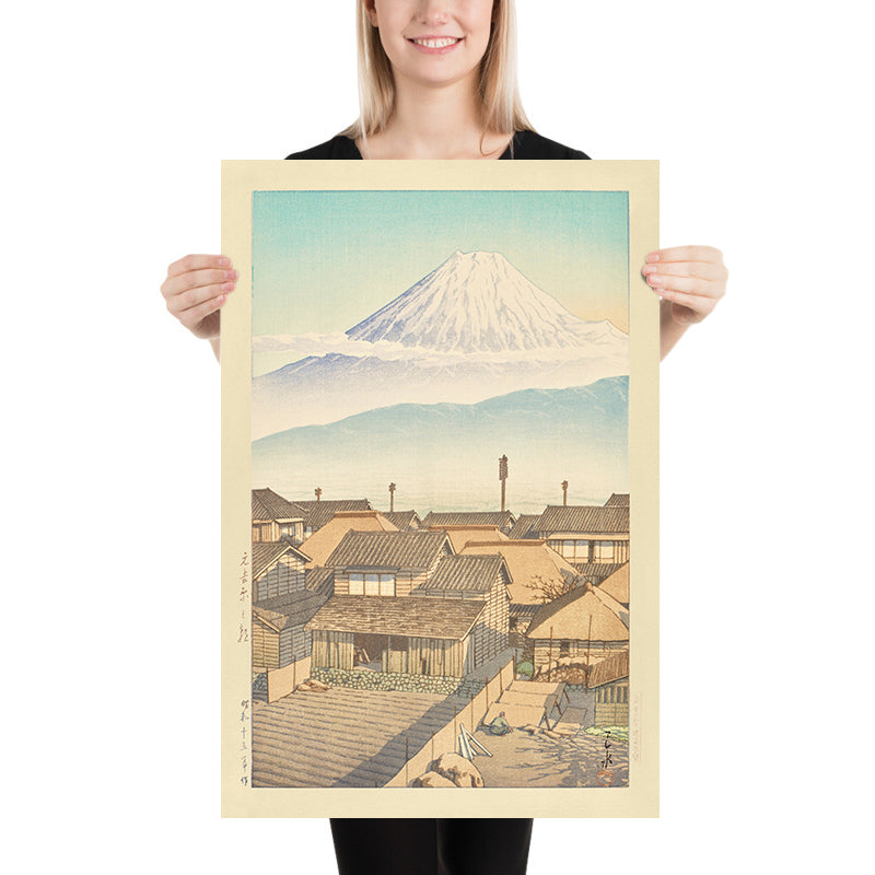 Matin à Motoyoshiwara avec le Mont Fuji par Hasui Kawase 1935 