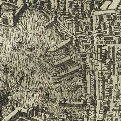 Alter bildlicher Stadtplan von Genua von Duchetti, 1584: Hafen, Laterna, Schiffe 