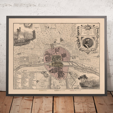 Antiguo mapa de la París medieval de Vuillemin, 1869: Notre-Dame, Île de la Cité, Sena, Louvre, murallas de la ciudad 