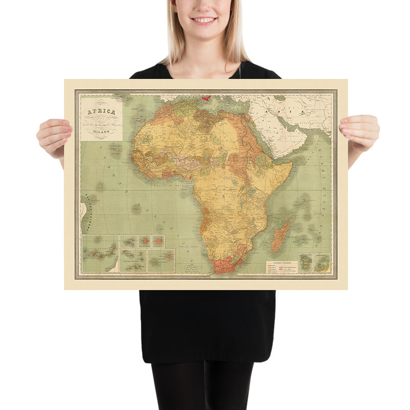 Große alte Karte von kolonialem Afrika von Vallardi, 1885 