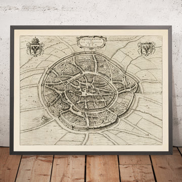 Old Birdseye Map of Aachen by Blaeu, 1652: Cathedral, Rathaus, market, Wurm & mills, walls & gates