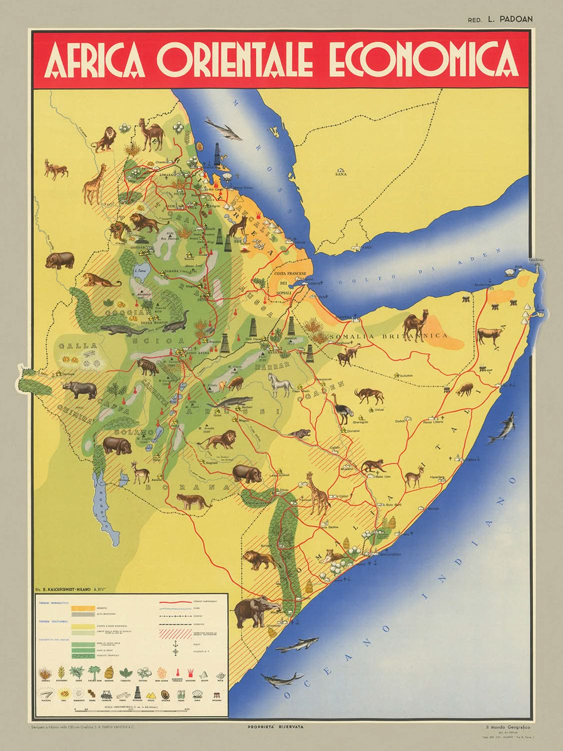 Old Map of Italian East Africa (Ethiopia and Somalia) by Kalchschmidt, 1936: Addis Abeba, Mogadiscio, Colonialism