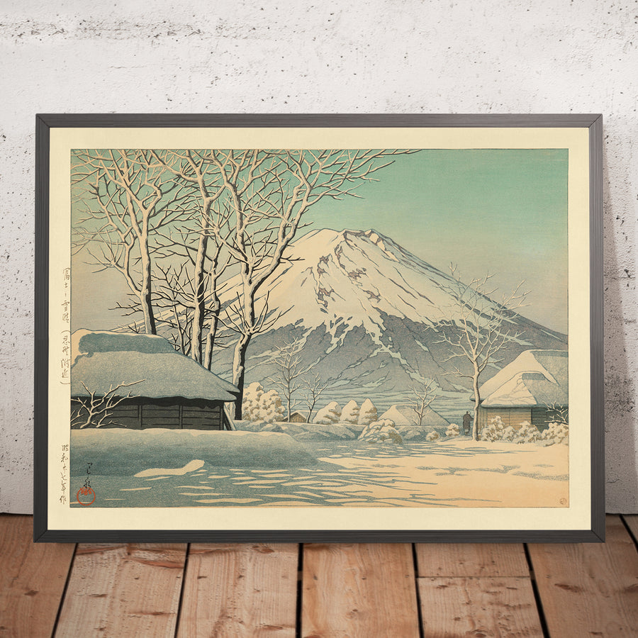 A framed image of Mt. Fuji after Snow in Oshiono by Hasui Kawase, 1935