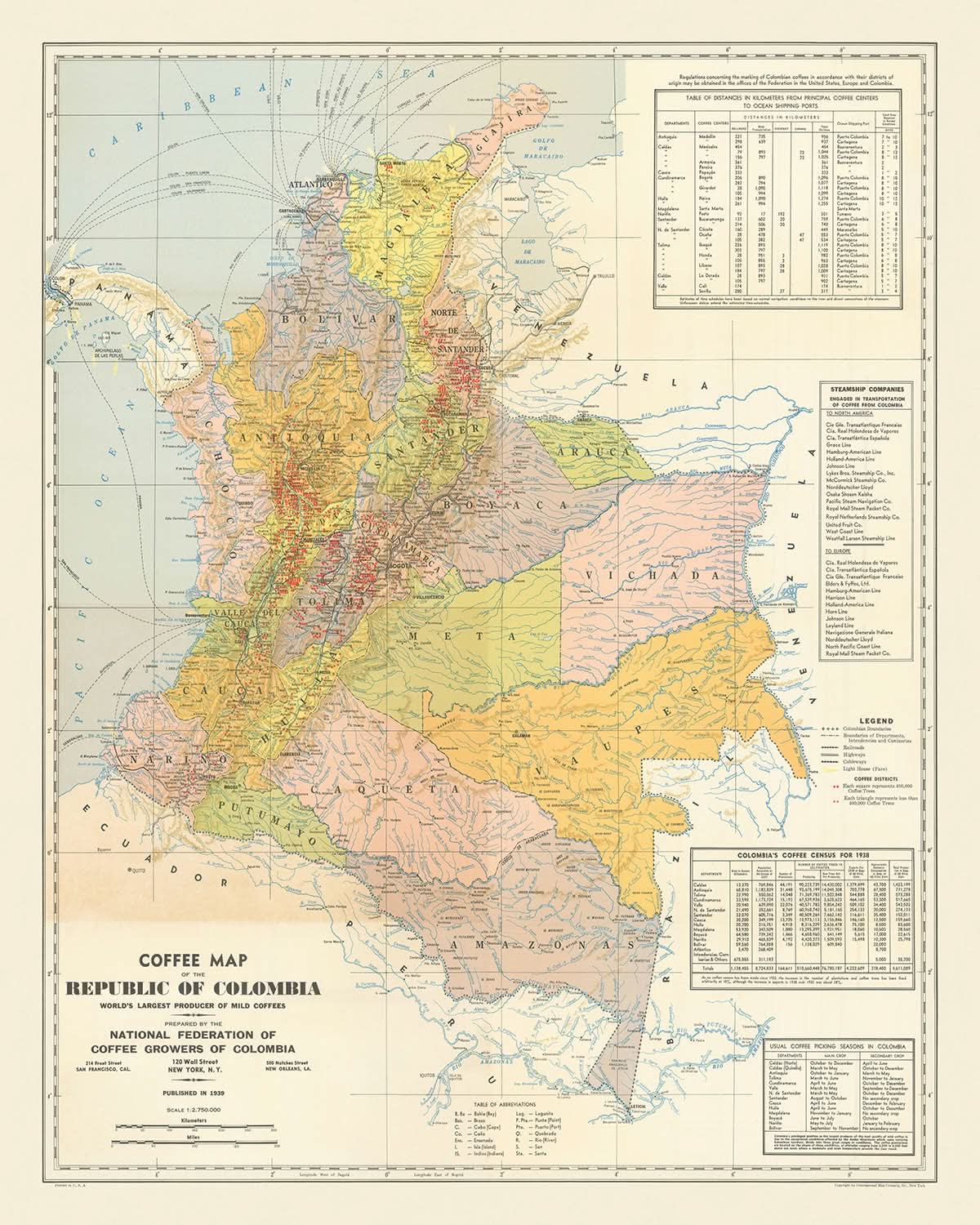 Alte Karte von Kolumbien, 1939: Kaffeeanbaugebiete, Anden, Bogotá, Medellín, Eisenbahnen 