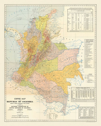 Old Map of Colombia, 1939: Coffee Regions, Andes, Bogotá, Medellín, Railroads