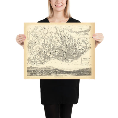 Old Map of Lisbon, 1833: São Jorge, Praça do Comércio, Bairro Alto, Alfama, Tagus River