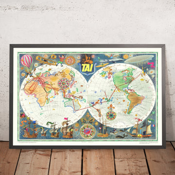 Old TAI Aviation World Map by Bayle, 1957: midcentury; Africa–Asia–Tahiti; limited ed 500