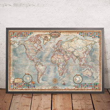 Executive World Map by Ray&Co, 2025: 3D Ocean Relief, Vintage Aesthetic, Every Flag