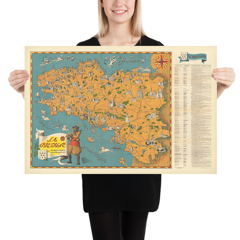 Mappa antica della Bretagna di Flornoy Jean, 1950: Nantes, Rennes, Brest, Castelli, Costa, Megaliti 