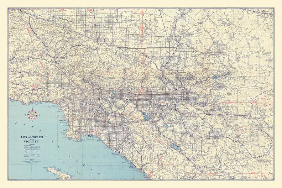 Grande mappa stradale di Los Angeles, 1945: Automobile Club della California del Sud, Hollywood, Beverly Hills, Route 66 