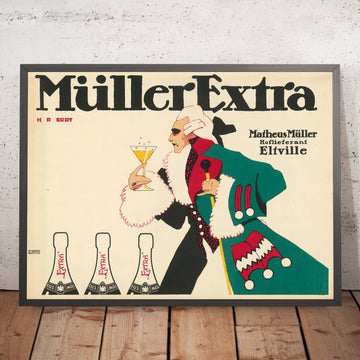A framed image of Müller Extra Vintage Sparkling Wine Poster by Hans Rudi Erdt, 1908