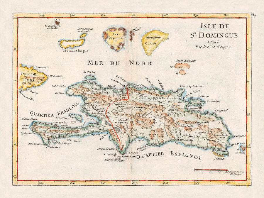 Antica mappa di Haiti e Repubblica Dominicana di Le Rouge, 1748: Santo Domingo, Les Cayques, Turks & Caicos 