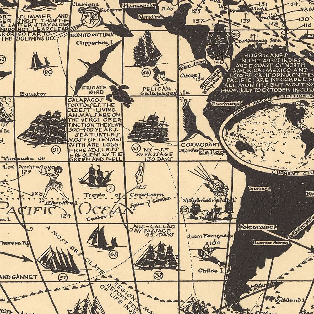Seafaring Map Old Historical Seafaring World Map by Turpin, 1935: Famous Ships, Sea ...