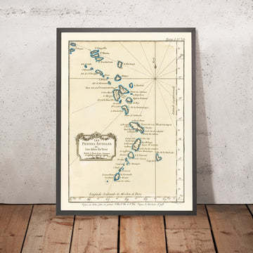 Ancienne carte des Petites Antilles par Bellin, 1764 : Barbade, Martinique, Guadeloupe, Antigua, Îles Vierges 