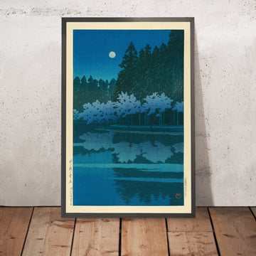 Ein gerahmtes Bild von Spring Night Full Moon over Lake at Inokashira von Hasui Kawase, 1935