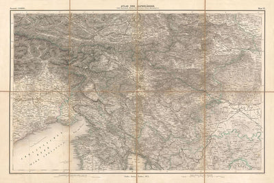 Mapa antiguo de los Alpes orientales y julianos de Mayr, 1874: Trieste, mar Adriático, montañas alpinas, ferrocarriles, Hachures