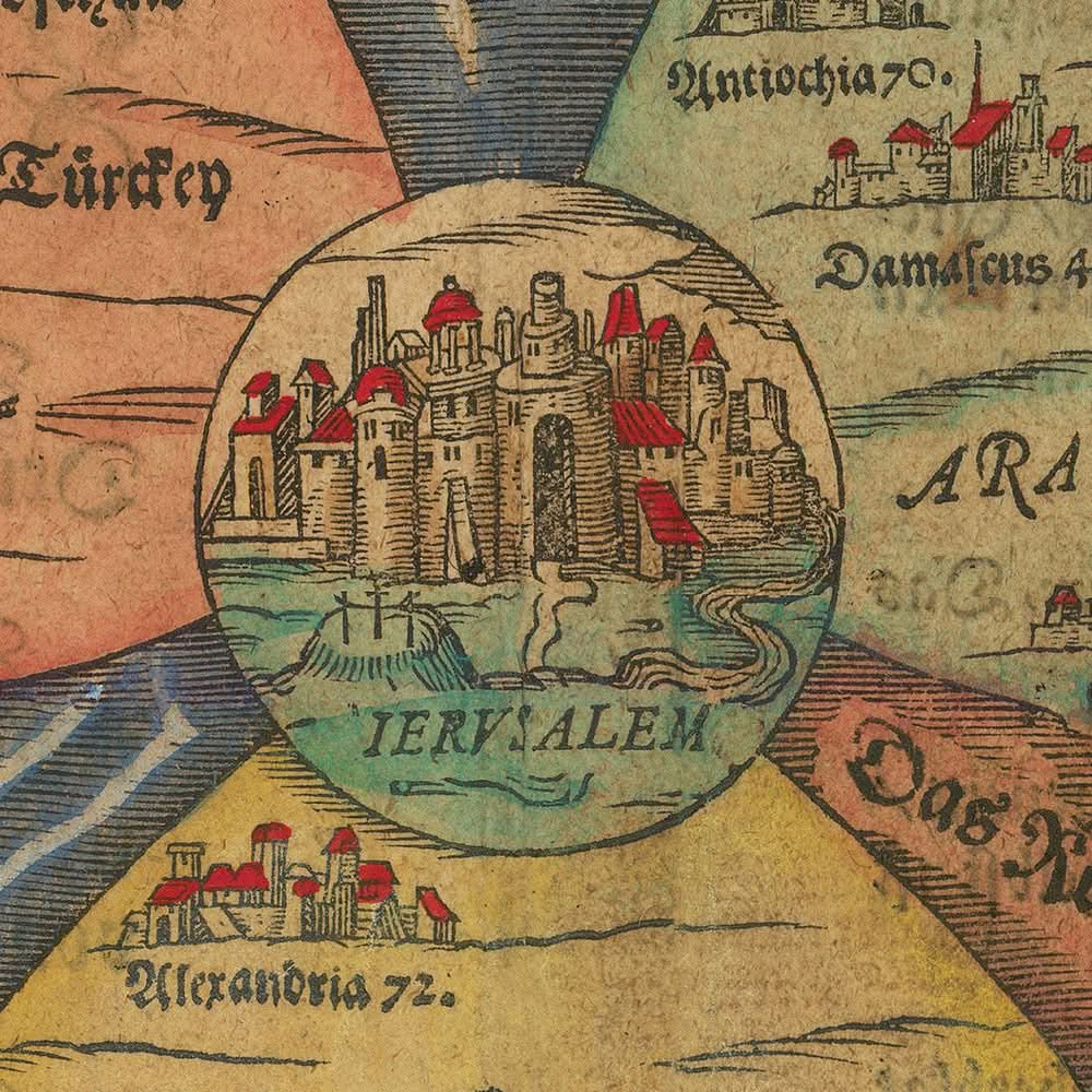 Alte Weltkarte des Kleeblatts von Bunting, 1582: Jerusalem-Zentrum, Kleeblatt-Design, fantastische Elemente