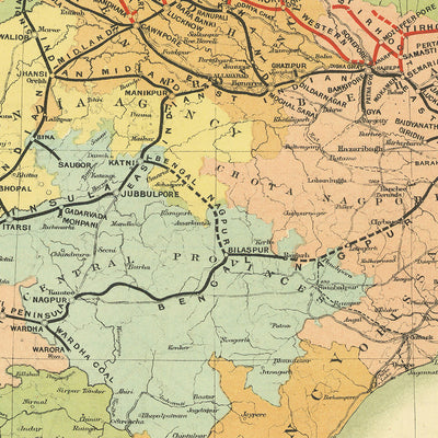 Large Old Railway Map of India by Judd, 1890: Mumbai, Delhi, Kolkata, Ganges River, Himalayas