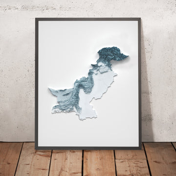Una imagen enmarcada de un mapa topográfico en relieve en estilo 3D de Pakistán