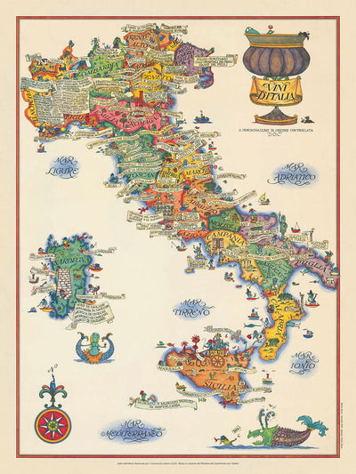 Alte Bildkarte von Italien, 1976: Rom, Venedig, Mar Tirreno, Weinregionen, mythische Illustrationen