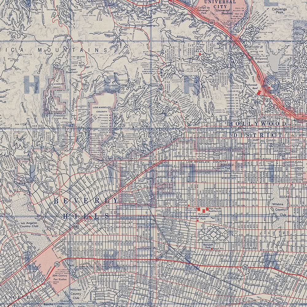 Carte ancienne de Los Angeles, 1955 : Griffith Park, Elysian Park, LA River, Downtown, Hollywood