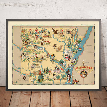 Mapa pictórico de Arkansas de Ruth Taylor White, 1935: Little Rock, Hot Springs, agricultura, río Misisipi, madera 