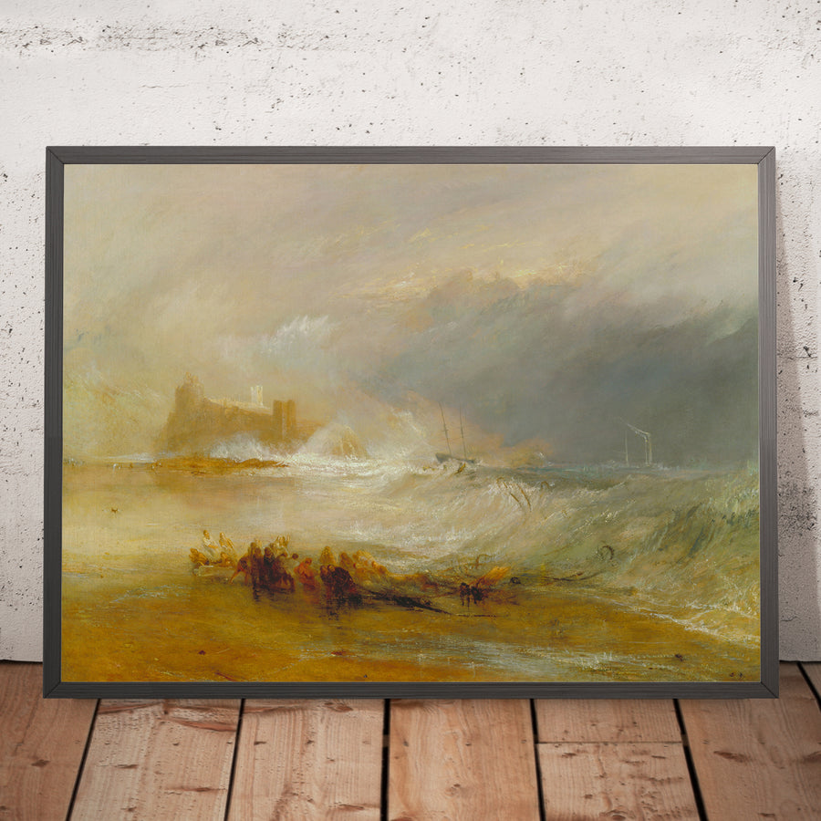 A framed image of Wreckers — Coast of Northumberland, with a Steam-Boat Assisting a Ship off Shore by Turner, 1833
