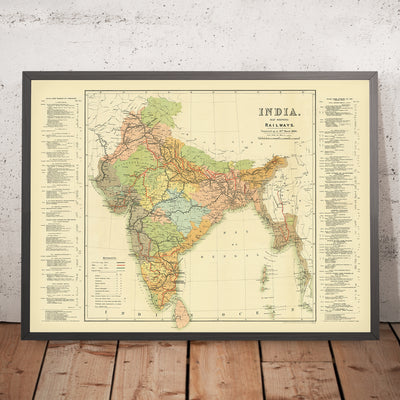 Large Old Railway Map of India by Judd, 1890: Mumbai, Delhi, Kolkata, Ganges River, Himalayas