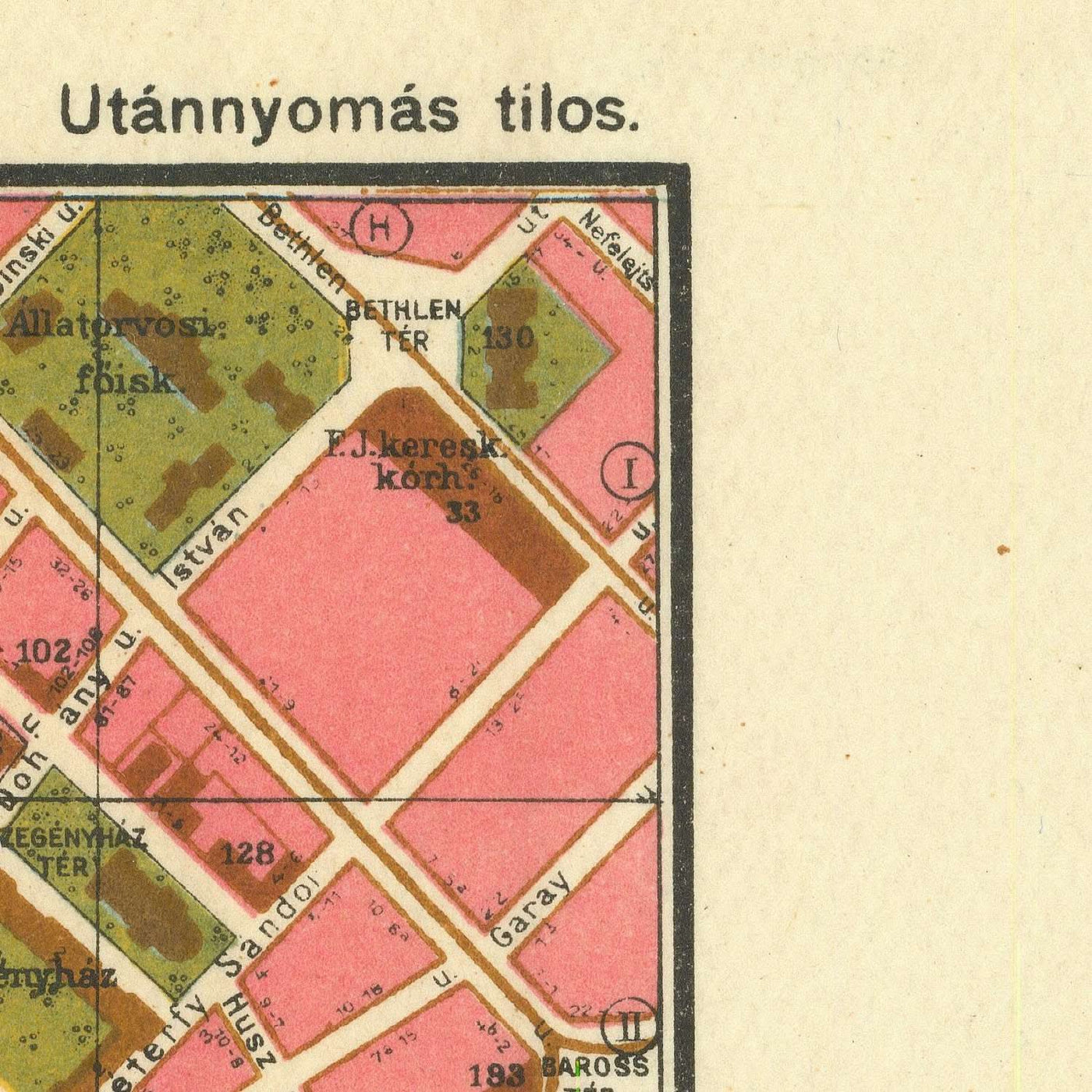 Alte Karte von Budapest von Kogutowicz, 1907: Andrássy út, Erzsébet körút, Donau, Eisenbahnen, Parks