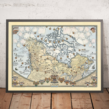 Antiguo mapa pictórico de Canadá de Furse, 1964: Rocosas, Grandes Lagos, Montreal, bahía de Hudson, fauna 