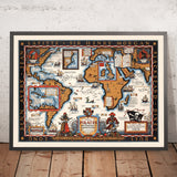 Old World Map of Famous Pirates, Buccaneers & Freebooters by Harbold, 1938