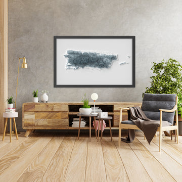 A framed image of a 3D style topographic relief map ofPuerto Rico