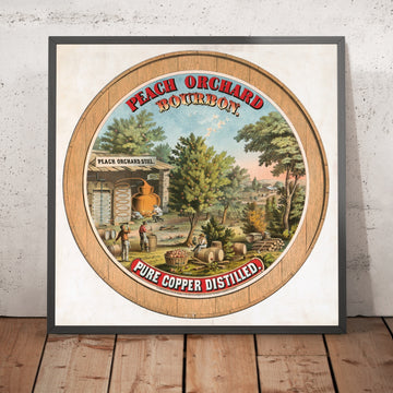 A framed image of Peach Orchard Bourbon Vintage Bourbon Poster, 1873