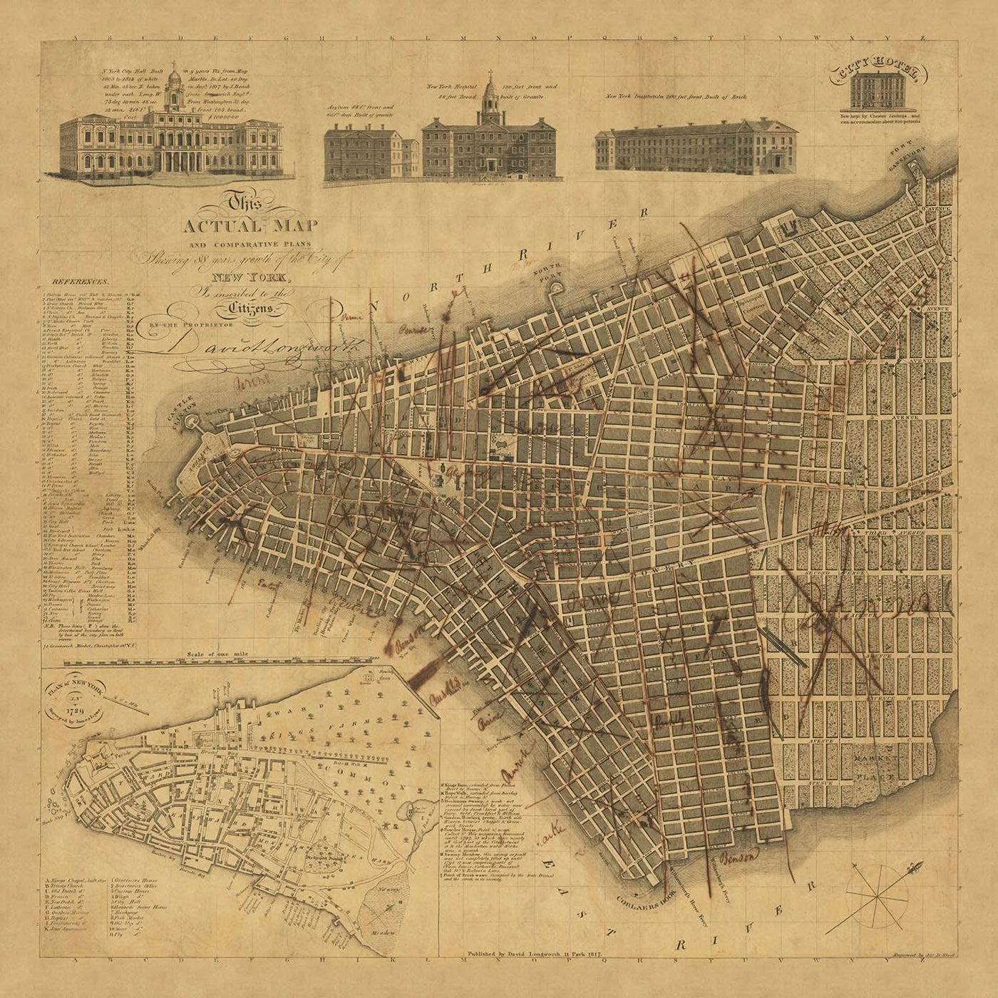 Old Map of New York by Longworth, 1817: City Hall, Broadway, Wall St, Lower Manhattan