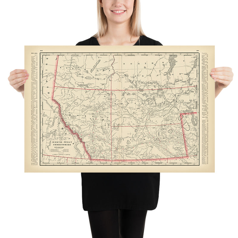 Antica mappa del territorio nord-occidentale del Canada di Cram, 1891: Edmonton, Calgary, ferrovie 