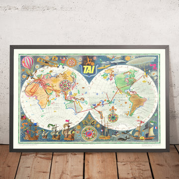 Mappa del mondo delle rotte aeree TAI vecchie di Bayle, 1957 