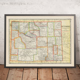 Old Map of Wyoming, 1925: Cheyenne, Casper, Yellowstone NP, Tetons, Continental Divide