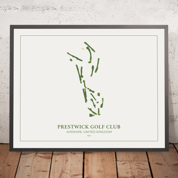 Ein gerahmtes Bild des Prestwick Golf Club im Stil einer schlichten und modernen Golfplatzkarte