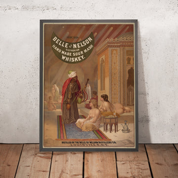 A framed image of Belle of Nelson Vintage Sour Mash Whiskey Poster, 1882