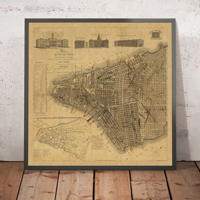 Old Map of New York by Longworth, 1817: City Hall, Broadway, Wall St, Lower Manhattan