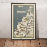 Ancienne carte de la Palestine par Bunting, 1592 : Canaan, Israël, Jérusalem, Gaza, fleuve Jourdain 