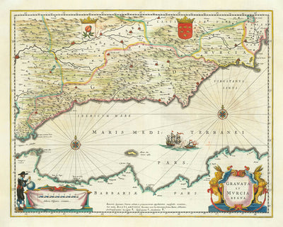 Old Map of Southern Spain by Blaeu, 1640: Granada, Murcia, Malaga, Naval Battle