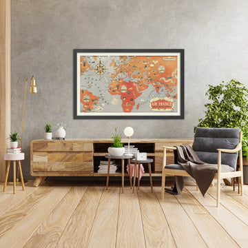 Old Art Deco Air France Air Routes World Map by Boucher, 1934