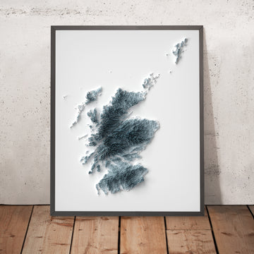 Ein gerahmtes Bild einer topografischen Reliefkarte von Schottland im 3D-Stil