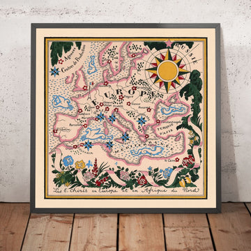 Alte Karte von Europa und Nordafrika von Mazuyer, 1931: Bildstil, Blumengrenze, Kompassrose 