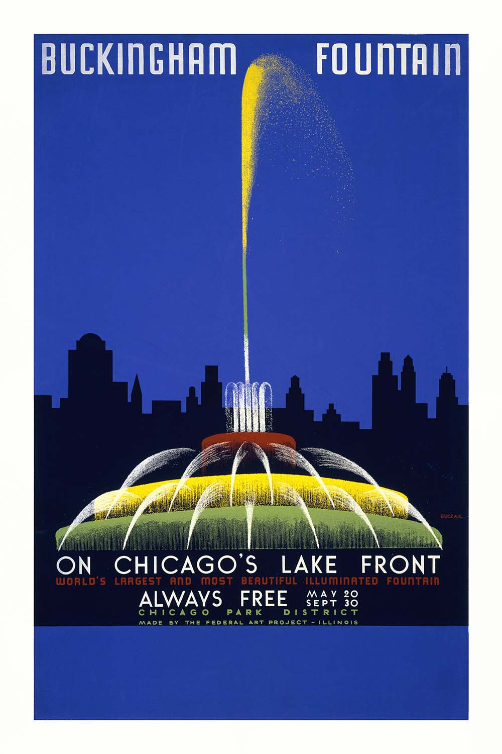 Chicago Travel Poster: Buckingham Fountain by John Buczak, 1939