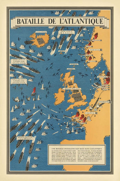 Alte Bildkarte der Schlacht um den Atlantik von Blake, 1944: Großbritannien, U-Boote, Konvois, Frankreich, Deutschland