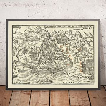 Antigua Mapa Militar del Asedio de Argel de 1541 por Pagano: Argel, Mandrachio, Castel Vechio, Estrategia Naval, Imperio Otomano 