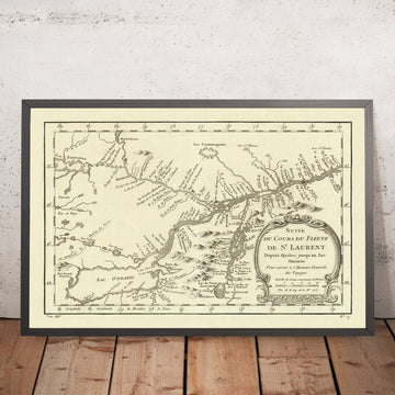Antigua mapa de Quebec y Ontario por Bellin, 1757: Río San Lorenzo, Lago Ontario, Lago Champlain, Fuerte Carillon, Fuerte Edward 